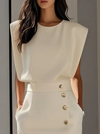 Aina - Vestido midi liso com fenda de botões e decote redondo