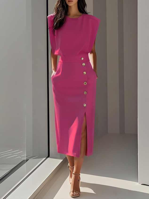 Aina - Vestido midi liso com fenda de botões e decote redondo