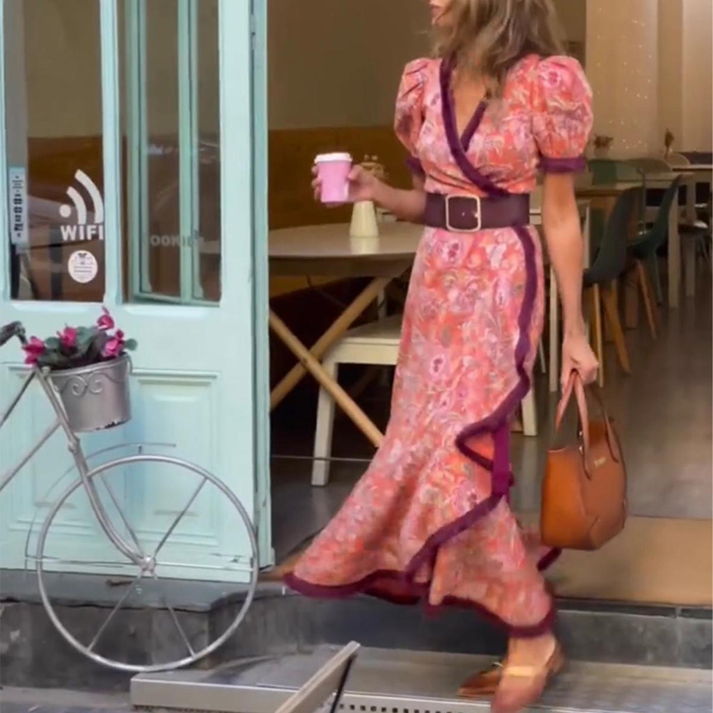 Armen - Vestido longo elegante com mangas curtas bufantes e saia assimétrica