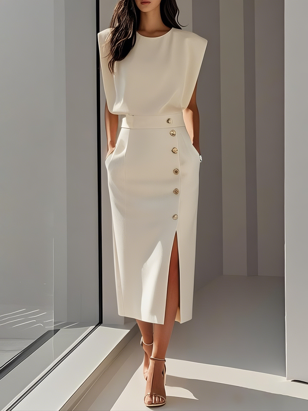 Aina - Vestido midi liso com fenda de botões e decote redondo