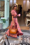 Armen - Vestido longo elegante com mangas curtas bufantes e saia assimétrica