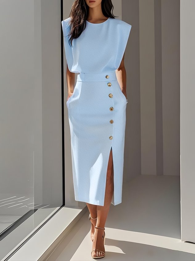 Aina - Vestido midi liso com fenda de botões e decote redondo