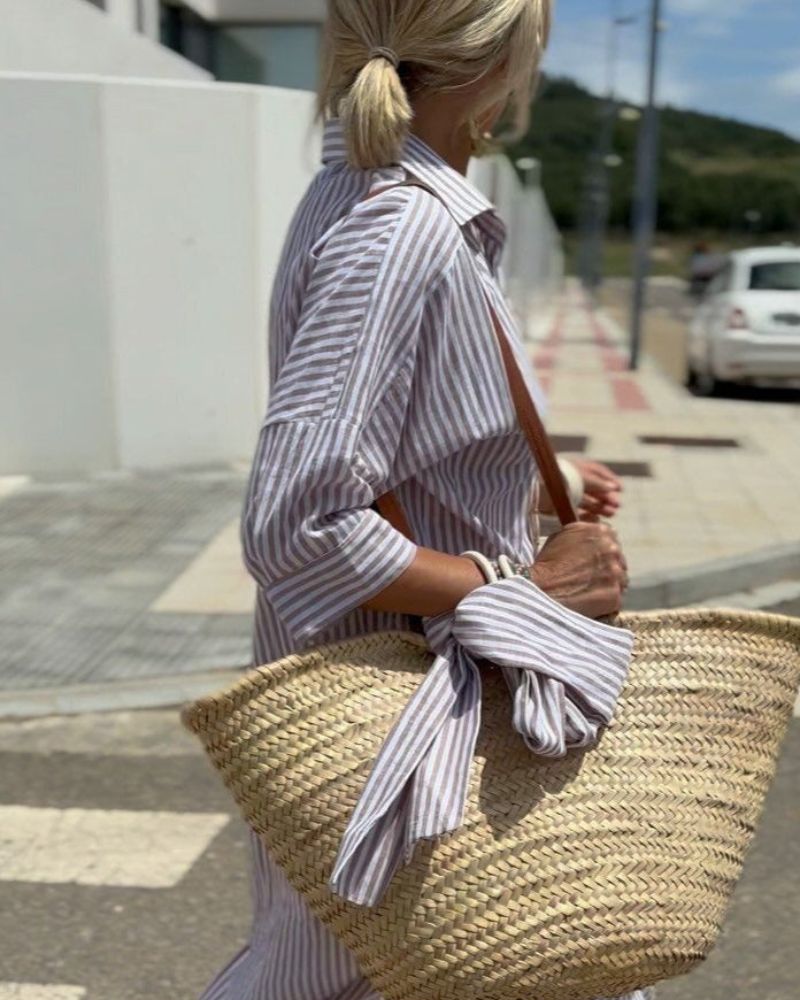 COLEN - VESTIDO CAMISA DE MULHER LISTRADO CLÁSSICO COM RENDA
