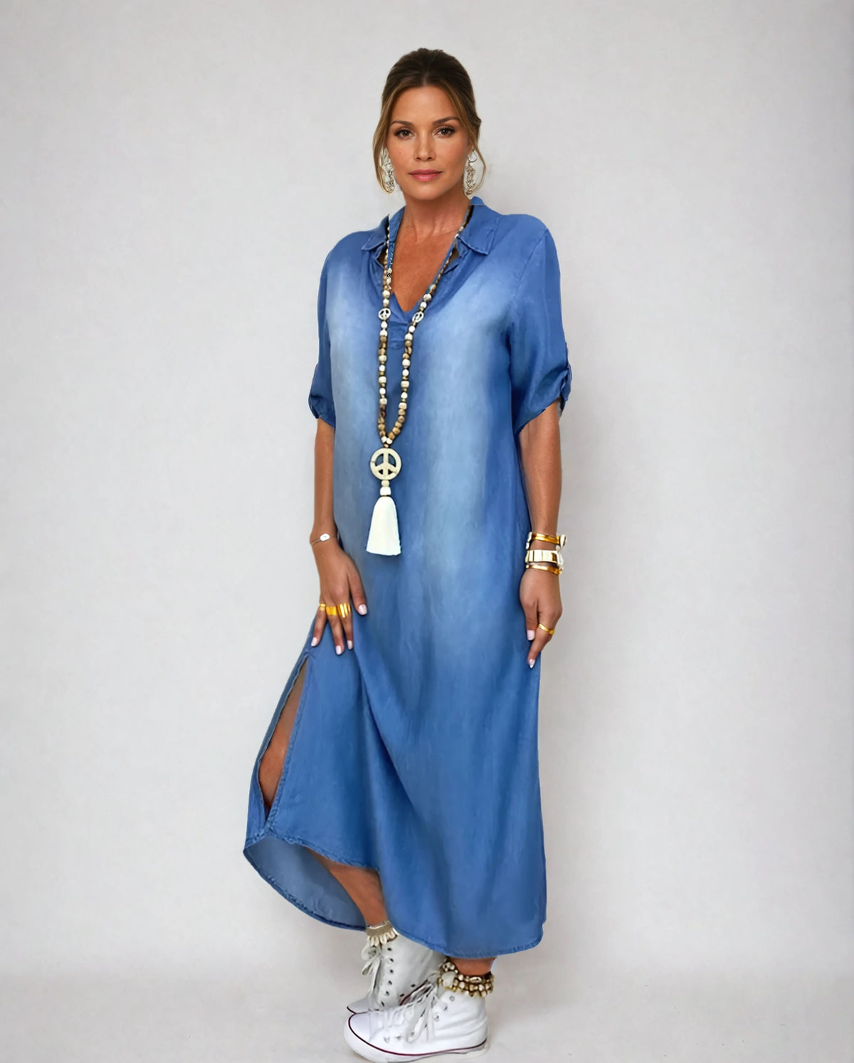 Lea | Vestido longo em look jeans com fenda lateral