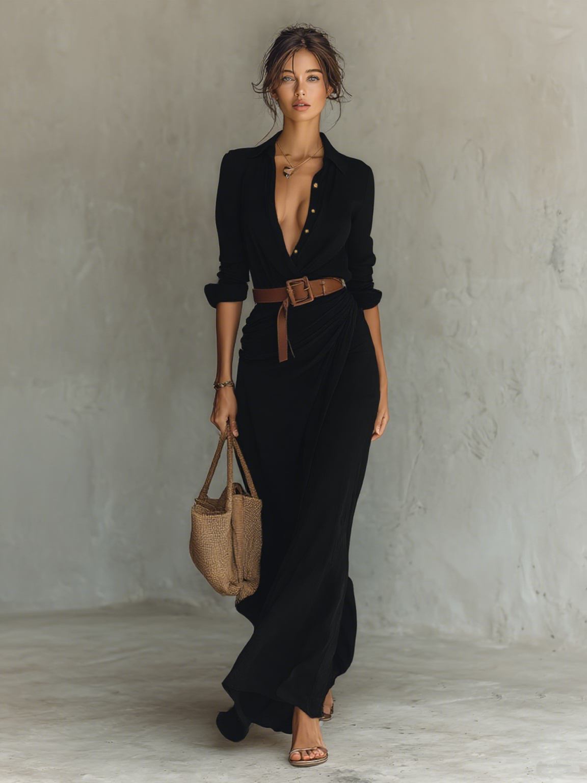 Vestido longo longo com gola de lapela e cinto inclusos