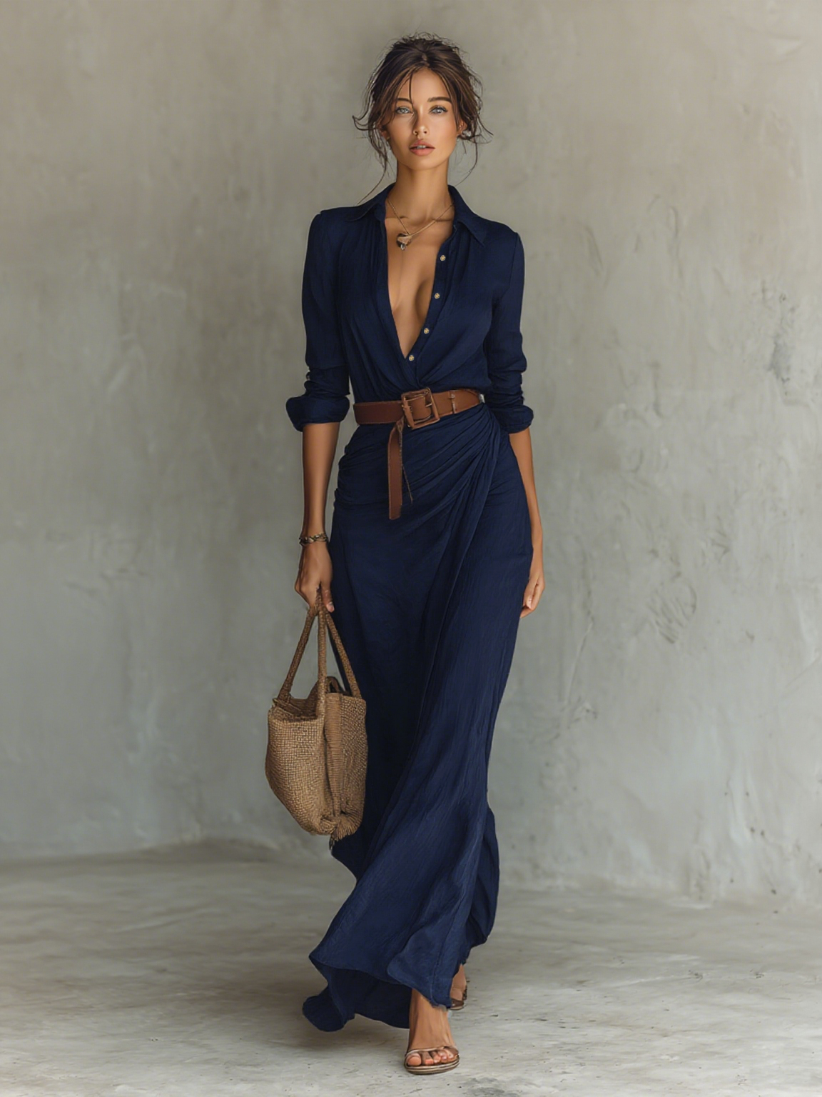 Vestido longo longo com gola de lapela e cinto inclusos