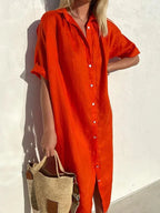 Delia - Vestido de senhora casual elegante com mangas compridas e fecho de botões Vestido em algodão e linho