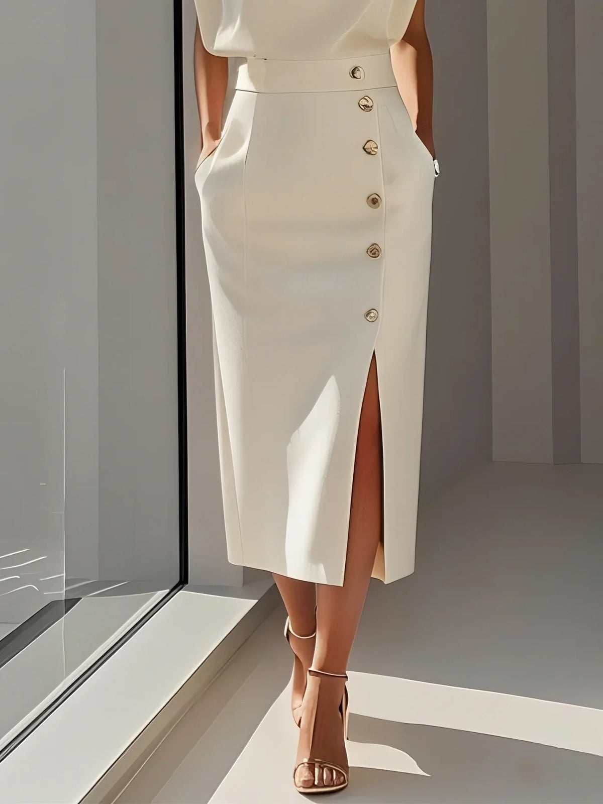 Aina - Vestido midi liso com fenda de botões e decote redondo
