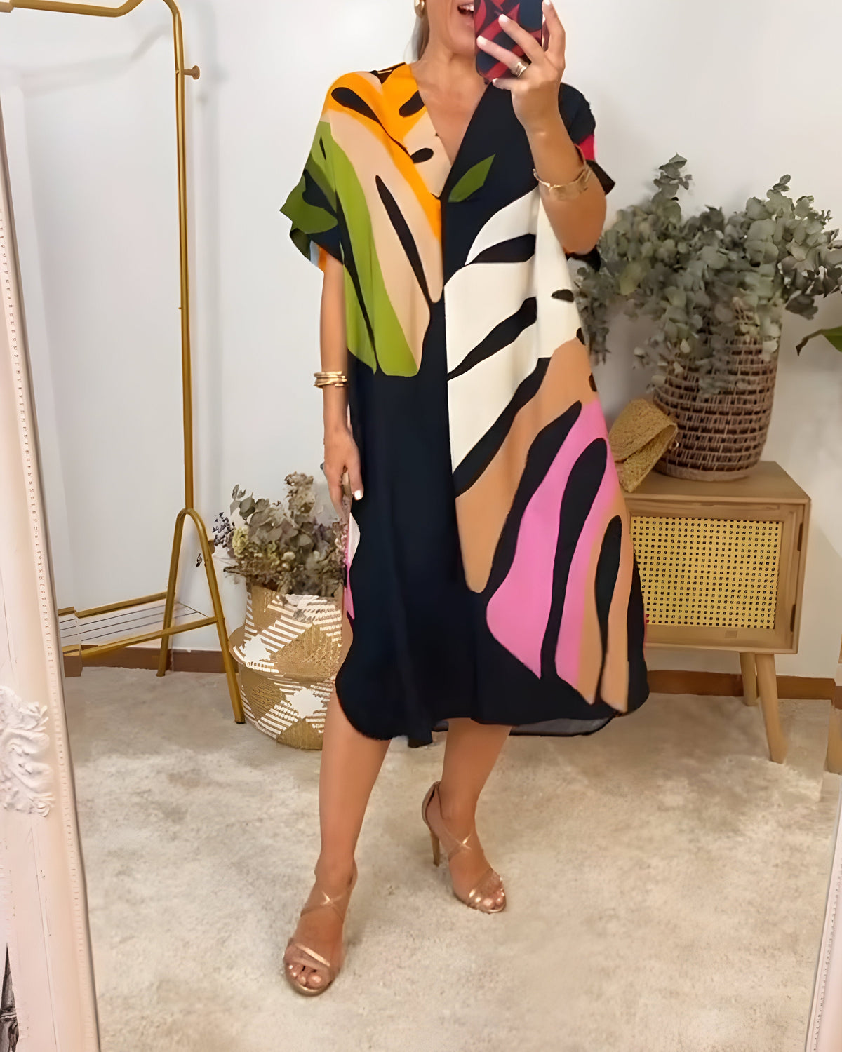 Roos™ | Vestido casual com estampa de folhas coloridas