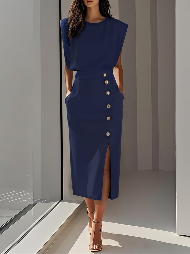 Aina - Vestido midi liso com fenda de botões e decote redondo