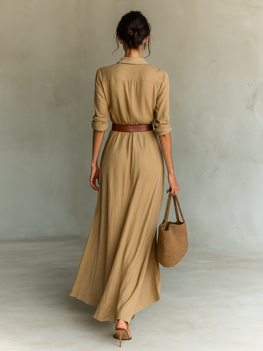 Vestido longo longo com gola de lapela e cinto inclusos