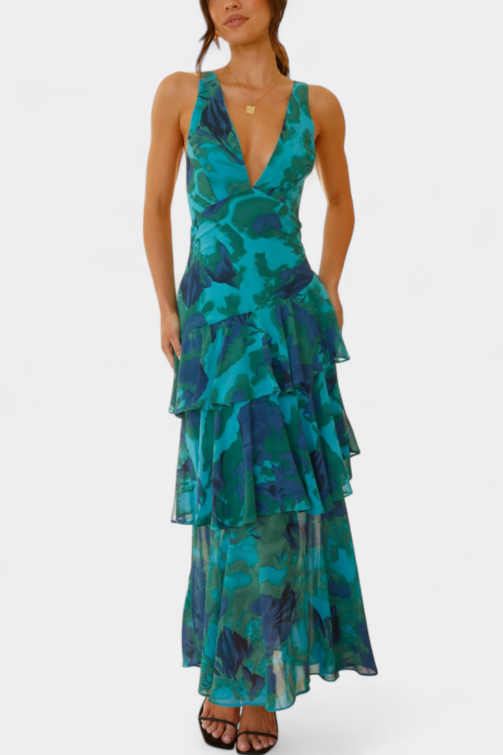 Domenica - Vestido de chiffon com decote em V e camadas fluidas