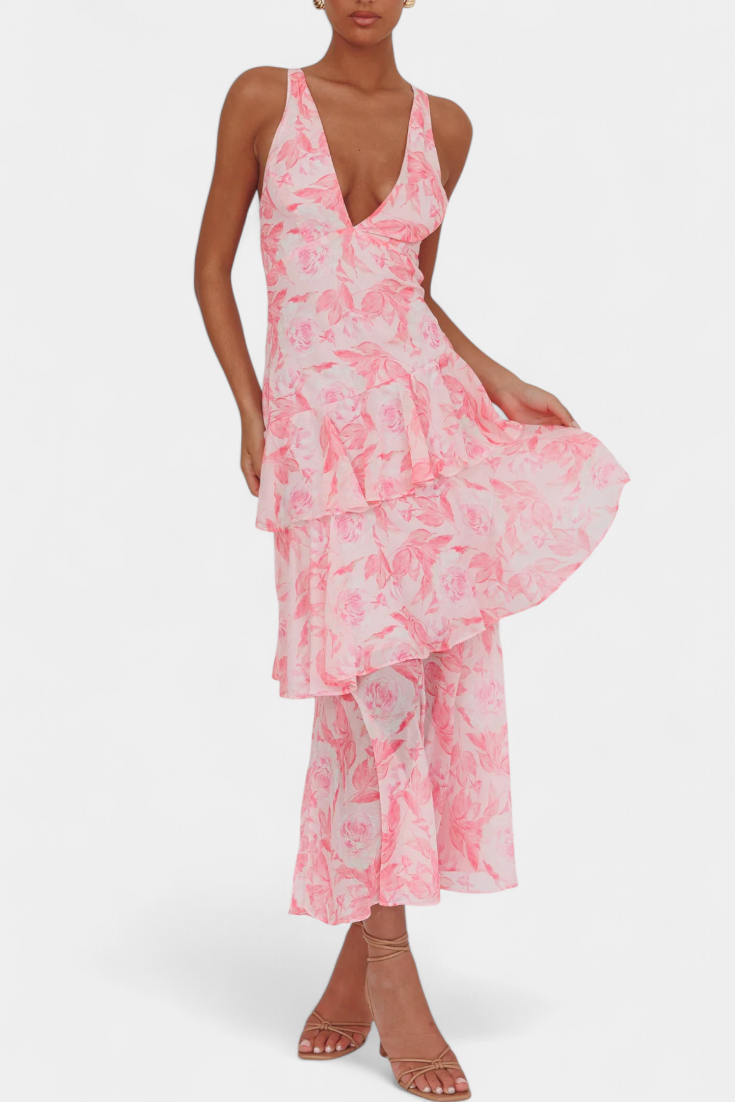 Domenica - Vestido de chiffon com decote em V e camadas fluidas