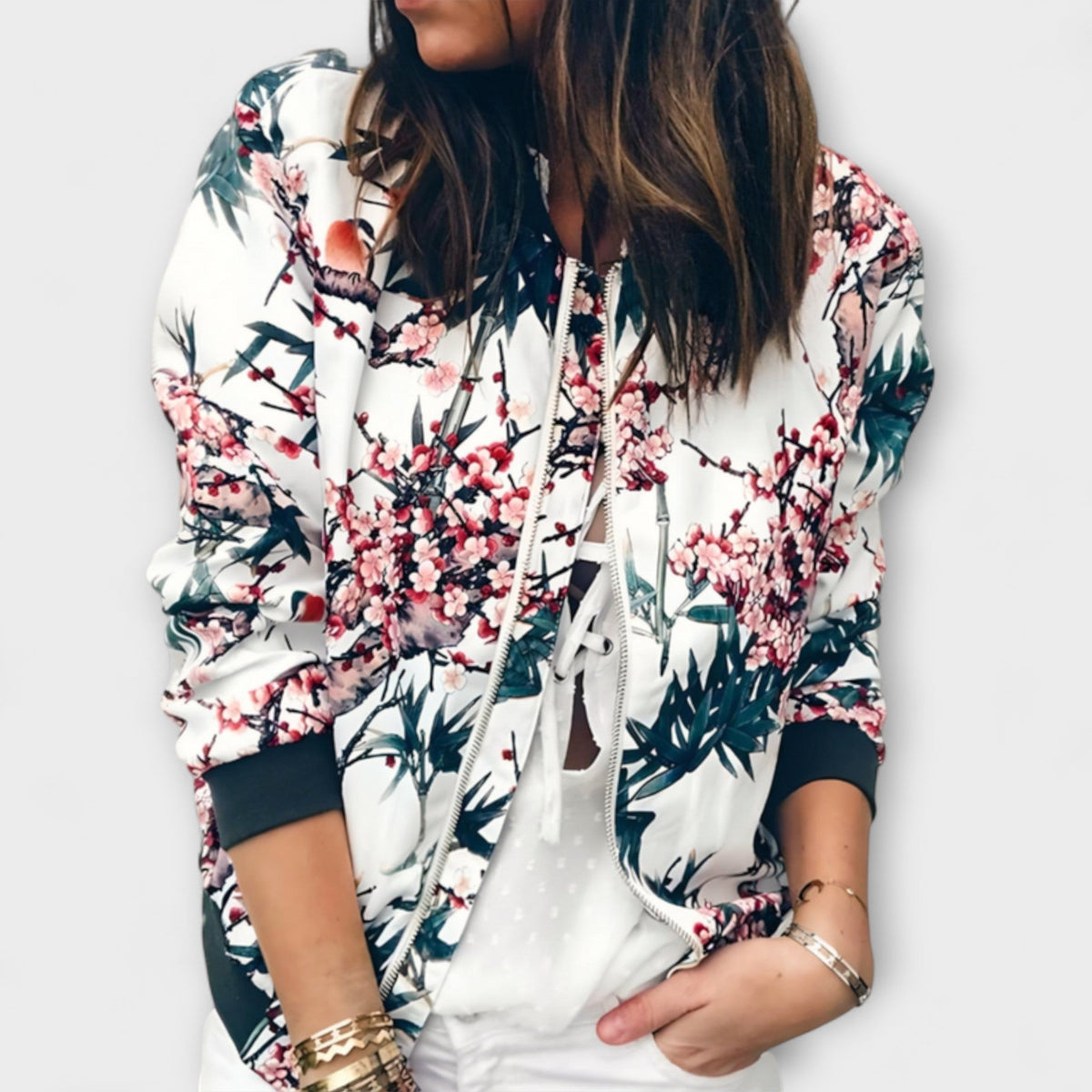 Andreia - Casaco bomber elegante com padrão floral