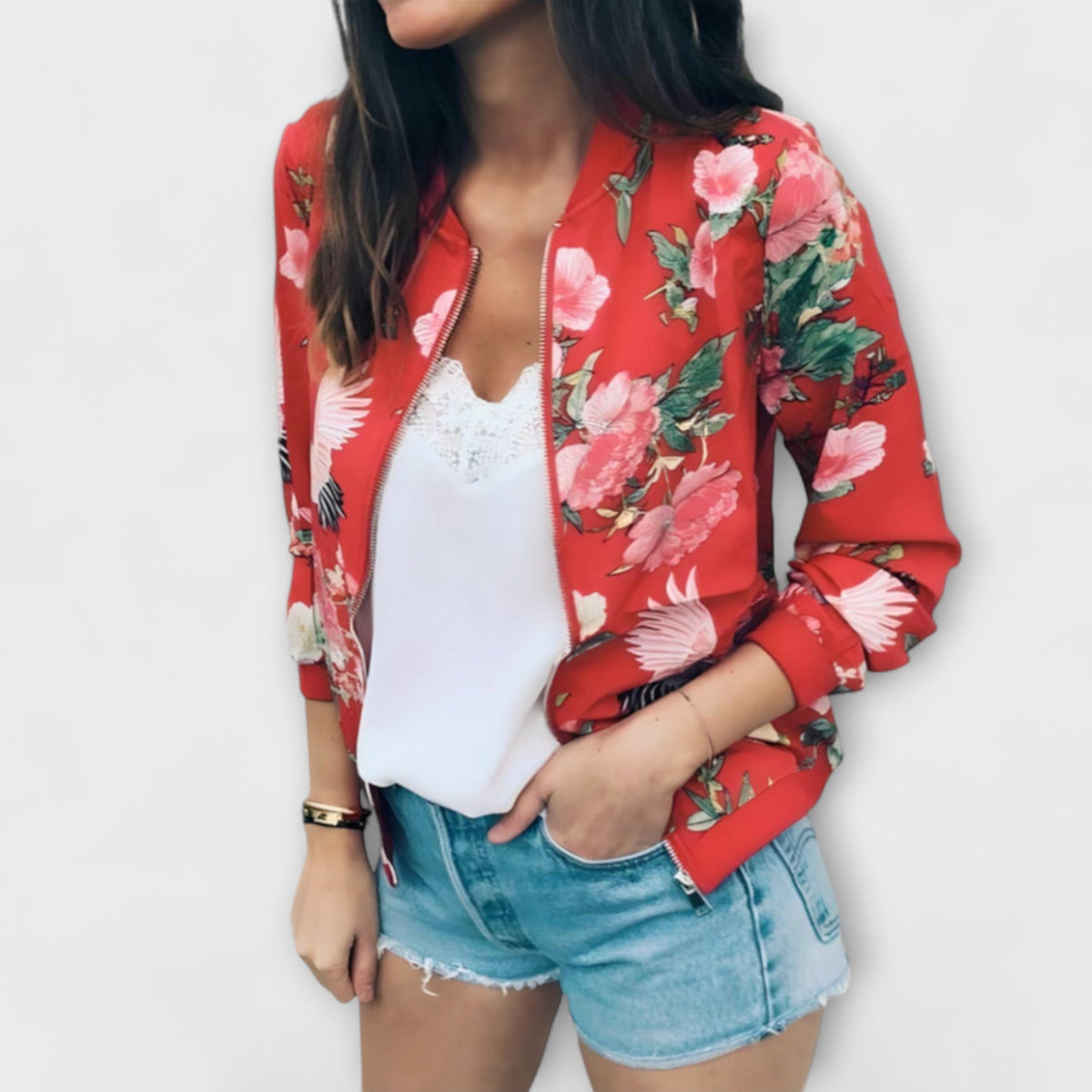 Andreia - Casaco bomber elegante com padrão floral