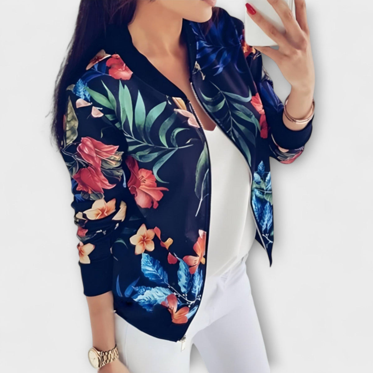 Andreia - Casaco bomber elegante com padrão floral