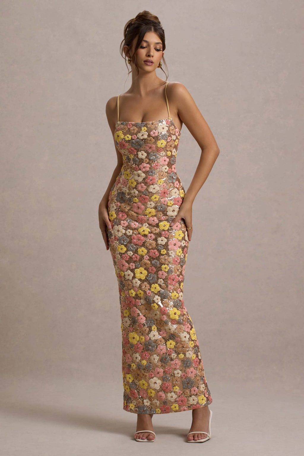 SELVIANA Vestido longo floral com lantejoulas